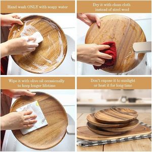 <b>Round</b> <b>Wooden</b> Serving Plate Polished Eco Friendly Handmade Rustic Heat Resistant Decorative Tray <b>Solid</b> Pattern <b>Dining</b> Tableware - Product Image 3
