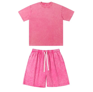 เสื้อยืดและกางเกงขาสั้นผ้าคอตตอนหนาน้ำหนักมาก ชุดเซ็ตฤดูร้อนสำหรับผู้ชาย สไตล์วินเทจลายกราฟิกโลโก้แบบกำหนดเอง ชุด 2 ชิ้น สตรีทแวร์ - Product Image 2