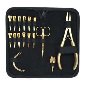 Kit de Herramientas para Extensiones de Cabello Doradas, Set de Aplicación de Micro Anillas, Pinzas de Pico de Pato, Alicates de Crimpado Plano, Agujas Curvas, Tijeras de Recorte - Product Image 1