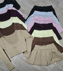 Women’s Long Sleeve Tennis & Activewear Set with Crop Top and High Waist Pleated <b>Skirt</b>, Soft Stretch Fabric. - Product Image 1