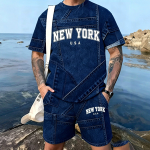 Camiseta de Moda Urbana Europea y Americana para Hombre, Top de Manga Corta, Pantalones Cortos, Traje Deportivo Informal de Verano, Imitación de Mezclilla, Cuello Redondo - Product Image 6