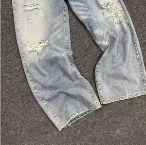 Jean droit vintage en coton pour homme, logo personnalisé, denim en coton 12oz 14oz, coupe droite déchirée, jambes larges, taille mi-haute - Product Image 4