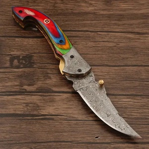 Navaja Plegable de Acero de Damasco con Mango de Madera Multicolor, Cuchillo de Caza EDC, Pasha Enterprises, Garantía de 3 Años, Grado Industrial - Product Image 1