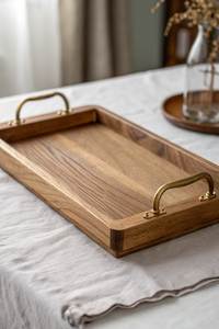 Plateau de service rectangulaire en bois massif fait main au design moderne, poignées en laiton, finition naturelle, pour plats et assiettes - Product Image 1
