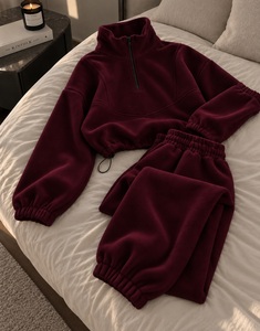 Ensemble de survêtement en polaire de couleur unie pour femme, pull à capuche à demi-zip et pantalon de jogging à taille élastique, ensemble confortable d'hiver en deux pièces - Product Image 2