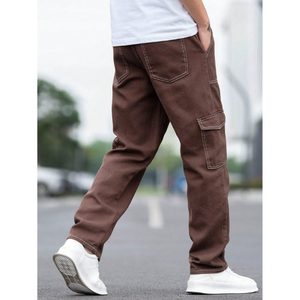 Jean cargo en denim marron moderne pour homme, coupe ample, style vintage, écologique, respirant, hiver, délavé, grande taille, thème rétro - Product Image 6