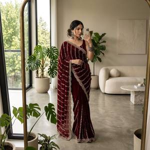 Designer Fandy Satin Fabric With Hand Embroidery Cut Dana Sequence Work Lehariya And Border In All Over <b>Saree</b> With Blouse - Product Image 4