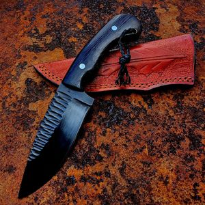Couteau de chasse et de camping EDC forgé à la main, en acier inoxydable, finition noire, lame fixe, dos texturé, manche en bois, compact, pour l'extérieur - Product Image 4