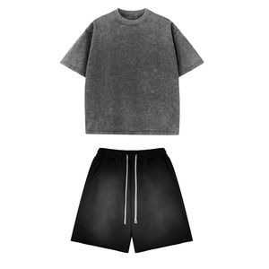 Ensemble de shorts et t-shirts personnalisés pour hommes en coton 100% délavé à l'acide, 2 pièces, imprimés sérigraphiés, effet soleil délavé, best-sellers - Product Image 5