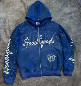 เสื้อฮู้ดดี้ผู้ชายคุณภาพพรีเมียม ซิปหน้า ปักลายเต็มตัว ประดับคริสตัล ผ้าฟลีซหนานุ่ม ทรงโอเวอร์ไซส์ สีน้ำเงินรอยัล - Product Image 1