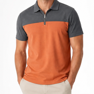 Polo de hombre de manga corta con cremallera de un cuarto y bloques de color a la moda, diseño casual naranja y gris sólido, streetwear premium - Product Image 1