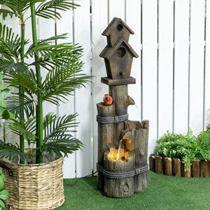 Fontana a Cascata per Uccelli a 3 Livelli in Pietra Rustica Moderna con Illuminazione LED e Casetta per Uccelli da Veranda - Product Image 2