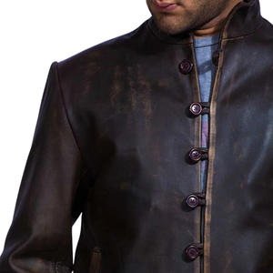 Veste en cuir véritable marron foncé vieilli pour homme, col montant vintage, fermeture boutonnée, vêtement d'extérieur décontracté haut de gamme - Product Image 3