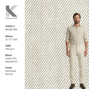 Tissu sergé respirant et durable 97% coton 3% élasthanne 350 GSM, teint en fil, extensible, tissé pour vêtements et vêtements de travail - Product Image 1