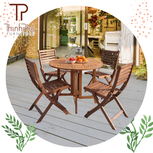 Wood Round <b>Dining</b> Table <b>Set</b> With 4 <b>Folding</b> Chairs Outdoor Garden Furniture Contemporary Design Durable Solid Wood Construction - Product Image 2