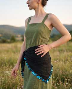 Handmade Stretchable Black Silk Square Scarf Gold Coin Trim <b>Blue</b> <b>Beads</b> Women's Headwear Polyester Embroidery Cross-stitching - Product Image 5
