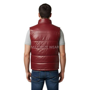<b>Men's</b> <b>Red</b> PU Leather Stand Collar Puffer <b>Vest</b> With Zipper Closure Windproof Casual Winter Outerwear 100% Polyester - Product Image 3