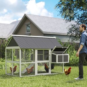 Pollaio in Legno Grigio con Recinto, Nidi e Barre per il Posamento, Gabbia per Polli da 6-8 Esemplari con Rampa e Vassoio Inclusi - Product Image 2