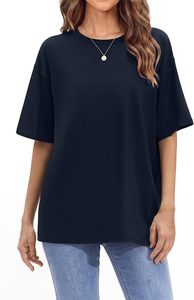 T-shirt femme bleu ample à col en V, manches courtes, coupe classique, en jersey 100 % coton, toile respirante, toutes saisons - Product Image 4