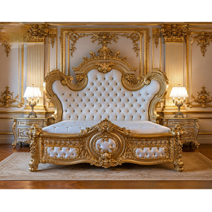 Royal French Style High <b>Back</b> Teak Wood Luxury <b>Bed</b> Hand-Carved Durable Leather Headboard 5+ Drawers Customizable Size Bedroom - Product Image 1
