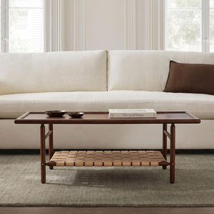 Mesa de Centro Moderna de Estilo Mid-Century, Fabricada en Madera de Teca Sólida con Estante de Almacenamiento de Cuero PU Tejido, Rectangular, para Sala de Estar - Product Image 6