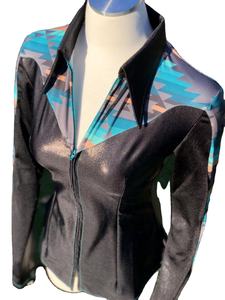 Chemise Western Show personnalisée pour femmes, noire avec imprimé tribal sarcelle et fermeture éclair sur le devant Vêtements équestres et rodéo - Product Image 4