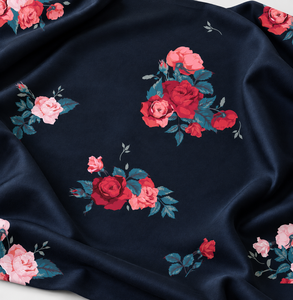 Printed Woven Silk Cotton Satin Fabric Water Resistant Floral Navy Rose Pattern <b>for</b> Wedding Dresses <b>Curtains</b> Garments - Product Image 1