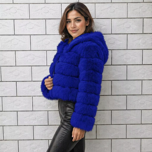 Chaqueta corta con capucha de piel sintética azul para mujer, con cremallera, cálida para invierno - Product Image 2