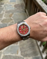 Reloj de pulsera Briva Luxury Silver Diamond B-047-1 con marcadores de bisel brillantes en rojo intenso, diseño elegante, movimiento de cuarzo, acero inoxidable