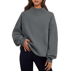 <b>Women's</b> <b>Dark</b> <b>Grey</b> Oversized Mock Neck Sweatshirt Striped Long Sleeve Pullover Custom Logo Fleece Knit Top for Autumn - Product Image 1