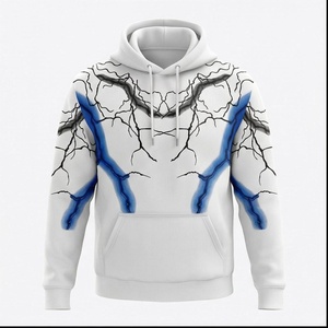 Sweat à capuche blanc pour homme avec imprimé éclairs bleus, coupe oversize, en polyester tricoté, décontracté, pour l'hiver, avec poche avant - Product Image 1