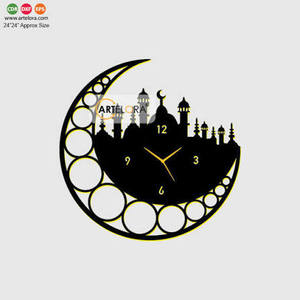Reloj de Pared Metálico de Ramadán con Diseño de Luna Creciente y Mezquita, Cuarzo Analógico Silencioso, Decoración Colgante para Sala de Estar, 24x24 Pulgadas - Product Image 1