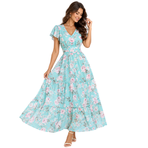 Women's Floral Print Maxi <b>Dress</b> V-Neck Cap <b>Sleeve</b> A-Line Boho Loose Chiffon <b>Summer</b>/Spring Breathable Casual <b>Dress</b> For Women's - Product Image 4