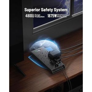 Rallonge électrique LeZone de 10 pieds avec 12 prises, 2 ports USB-C, 2 ports USB, protection contre les surtensions de 4800J, montable au mur - Product Image 4