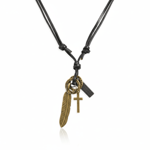 Wanderer's Faith Brass Gold 2.3-Inch Stainless Steel Pendant with Pearl Number Design & Adjustable Leather <b>Rope</b> for Men - Product Image 3