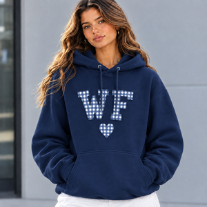 Trendy Women's Hoodie with Gingham Plaid <b>Applique</b> <b>Letter</b> Printed Vintage Varsity Style Hooded Sweatshirt Regular Fit Autumn Wear - Product Image 3
