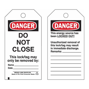ป้ายล็อคเอาท์ Brady Danger Do Not Close ขนาด 5.75 x 3 นิ้ว ทำจากพลาสติก สำหรับความปลอดภัย LOTO ในอุตสาหกรรม - Product Image 1