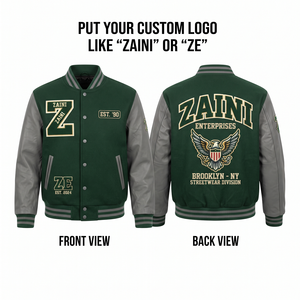 800 GSM Heavy Melton Wool Blend Varsity <b>Jacket</b> Green Body Gray PU <b>Leather</b> Sleeves Custom Patch Embroidery Letterman <b>Jacket</b> - Product Image 1