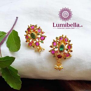 Vintage South Indian Gold Earrings with Pearl and Diamond Bezel Setting - Product Image 2