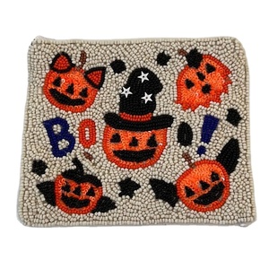 Porte-monnaie d'Halloween fait à la main couleur violet noir vert orange message d'Halloween graine perlée Halloween mini pochette sac lavande - Product Image 4