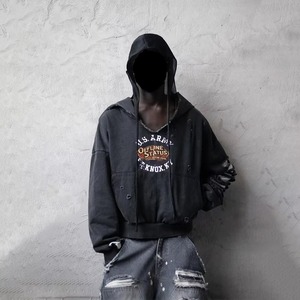 Custom Dirty Wash Vintage Print Jacket Hanging Mill <b>Clips</b> Distressed Rip Hole Cut <b>Collar</b> Cropped Double Layer Thermal Hoodie Men - Product Image 6