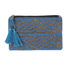 Monedero de algodón con cuentas geométricas CRYSTAL CRAFT, tamaño mini, cierre diferente, hecho a mano, estilo bohemio, para niñas, azul, con correa de muñeca y borla - Product Image 1