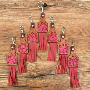 New Real Handcrafted Genuine Colorful Tooled Leather Cute Charming Tassel Keyrings Hot Sale Western Style Modern Floral <b>Key</b> Fobs - Product Image 4