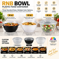 Bol rond en plastique noir avec couvercle transparent, 48 oz, récipient en PP compatible micro-ondes pour la livraison de repas et les plats à emporter