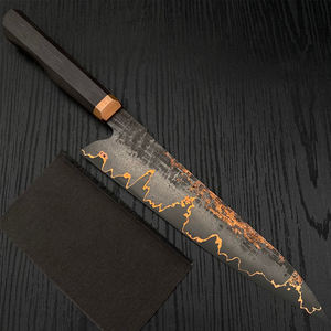 Cuchillo de carnicero de cobre damasco de primera calidad con hoja larga y elegante y mango de madera para cortar y servir asados. - Product Image 1