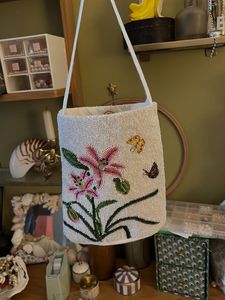 Embroidered Beaded Floral Butterfly Tote <b>Bag</b> with Drawstring Closure <b>Medium</b> <b>Size</b> Eco Friendly Promotional Gift Shoulder Handbag - Product Image 1