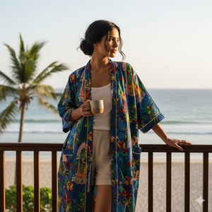 Bata Kimono de Algodón con Diseño Floral Hecha a Mano |   Ropa de dormir de manga larga con cuello en V para mujer con bolsillos |   Obra Maestra Sostenible de Larga Duración - Product Image 2