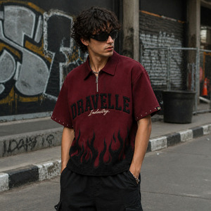 Men’s Oxblood Cropped Zip <b>Shirt</b>, Y2K Boxy Fit Tee with Black Chenille <b>Flames</b> & Silver Stud Cuffs - Product Image 6