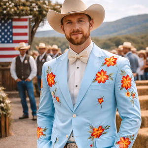 Traje Occidental Bordado Azul Cielo para Hombre – Conjunto de Blazer Vaquero con Diseño Floral y Corbata de Moño para Novio y Fiestas - Product Image 1