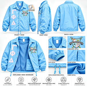 Veste universitaire personnalisée Gamma Phi Delta Sorority, bleu clair, logo sur le devant, satin rose, écologique, manches longues, col rabattu - Product Image 5